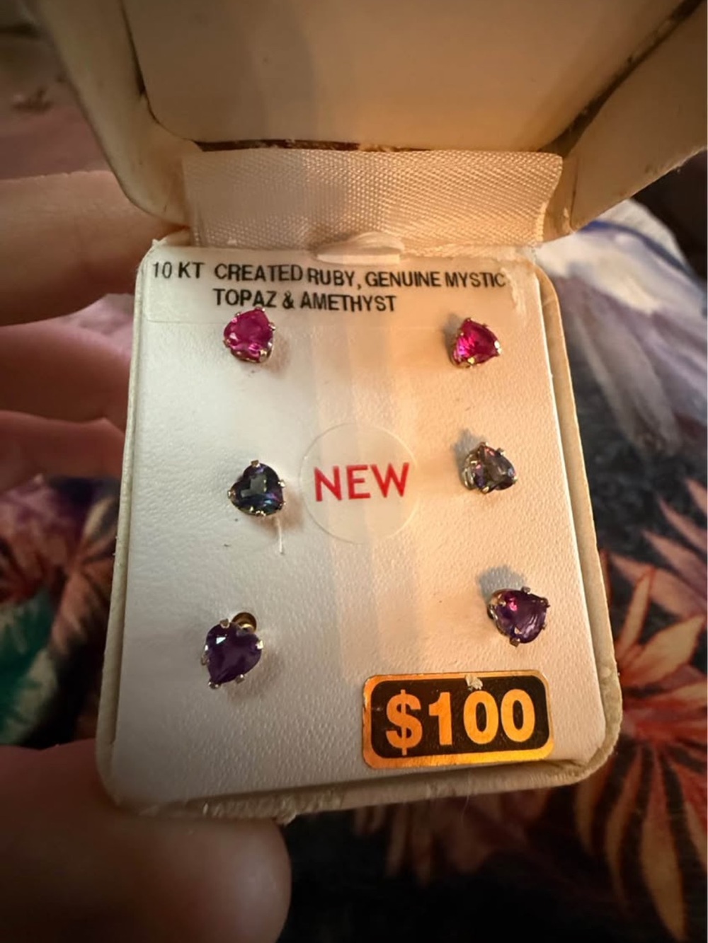 10K Heart Gemstone Stud Earrings - Created Ruby, Mystic Topaz & Amethyst